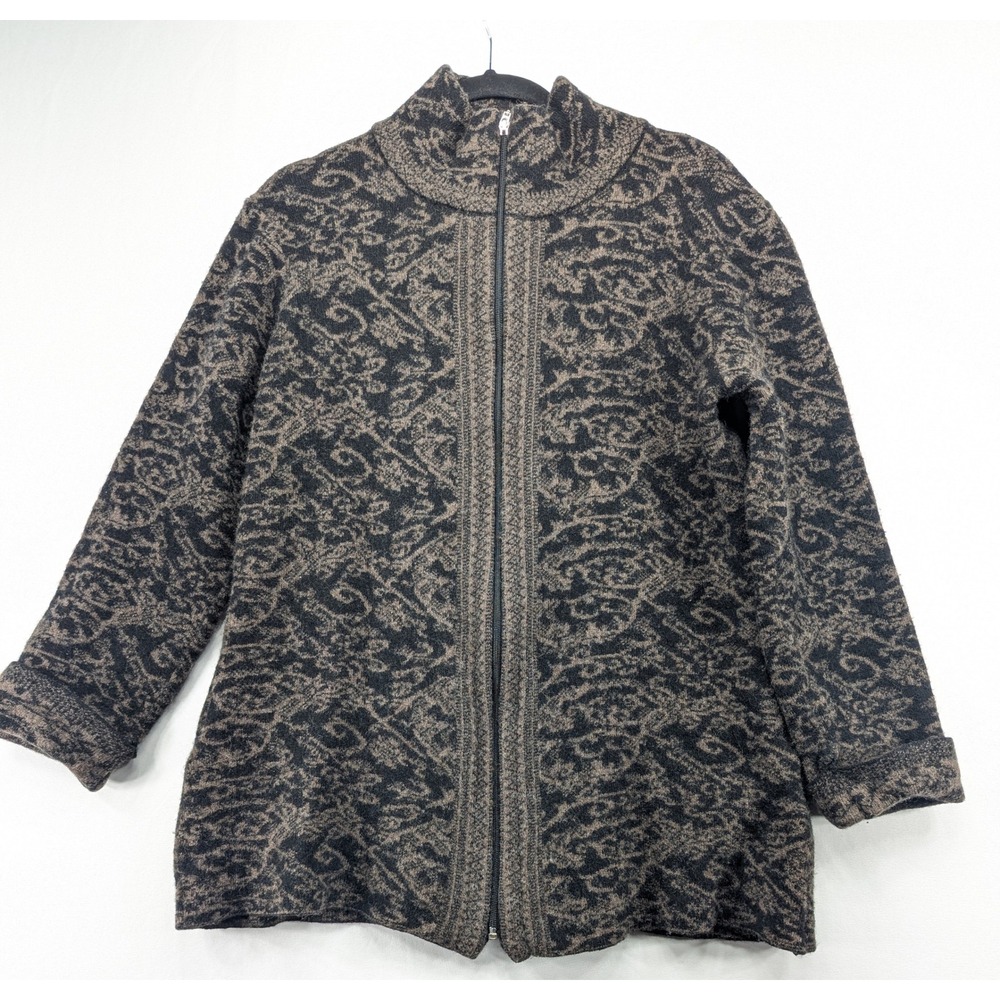 A.IDA Made in‎ Italy Wool Blend Full Zip Damask Sweater Jacket XL Charcoal Taupe